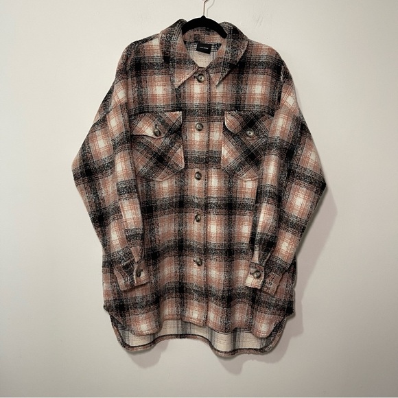 Vero Moda Women’s Pink Black Plaid Oversized fall layering Shacket Jacket Size L - Picture 3 of 9
